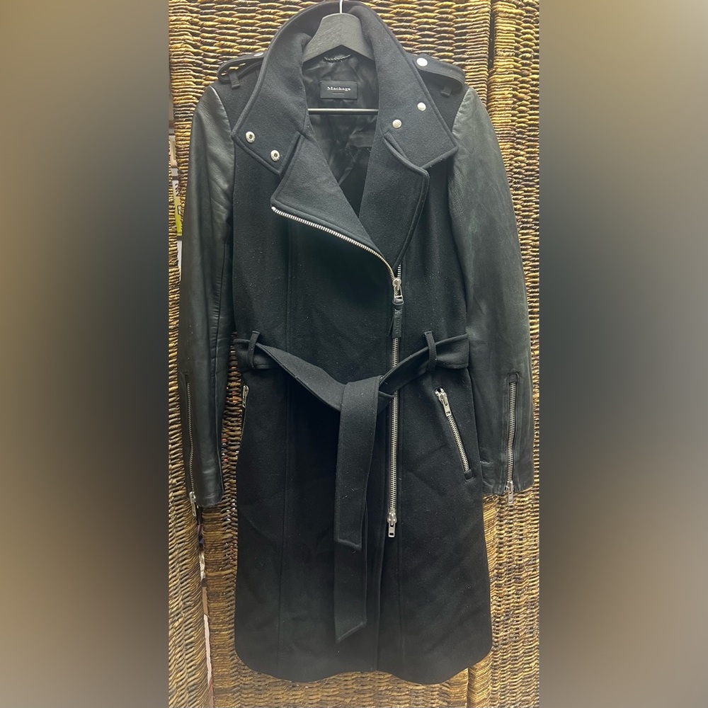 Mackage-Dale Asymmetrical Wool trench coat w/leather‎ sleeves,Estimated size:S